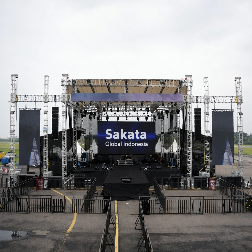 Produksi booth dan panggung event profesional oleh Sakata Global Indonesia untuk pameran, corporate event, exhibition dan brand activation dengan desain custom berkualitas premium
