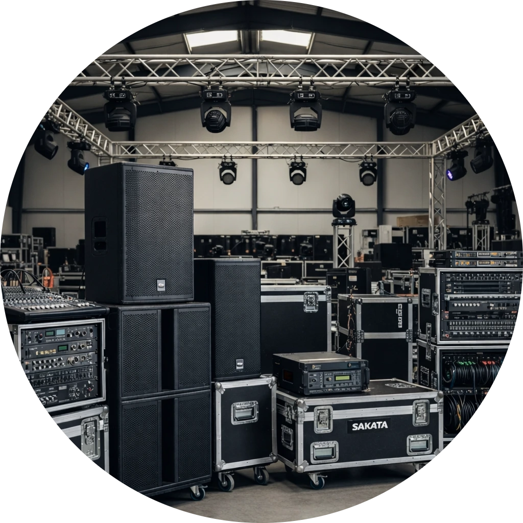 Peralatan sewa alat event lengkap milik Sakata Global Indonesia di gudang produksi Jakarta meliputi sound system profesional, lighting panggung, rigging dan multimedia event untuk kebutuhan corporate event, konser dan pameran skala besar.