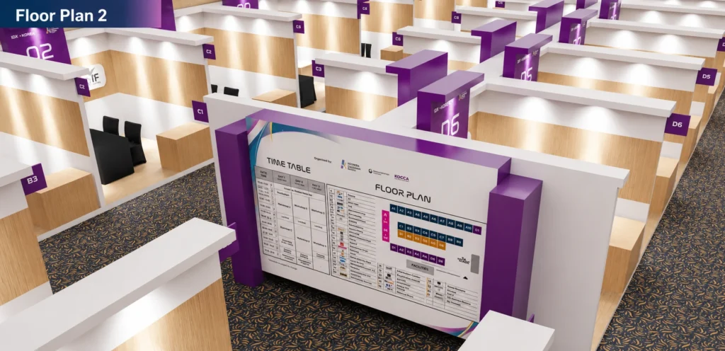 Konsep dan desain teknis event profesional meliputi stage design, lighting plan, booth exhibition, LED screen, dan layout produksi acara oleh Sakata Global Indonesia.