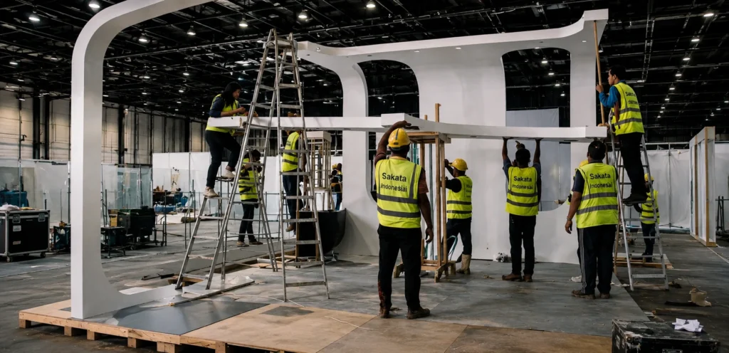 Tim produksi Sakata Global Indonesia sedang melakukan perencanaan dan pembangunan booth exhibition custom untuk event pameran profesional di Jakarta.