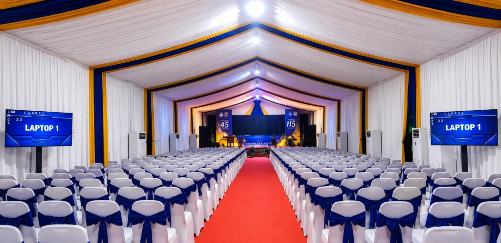 Sewa perlengkapan event lengkap dengan tenda roder, kursi futura, panggung, LED TV, sound system, dan dekorasi acara profesional di Jakarta oleh Sakata Global Indonesia.