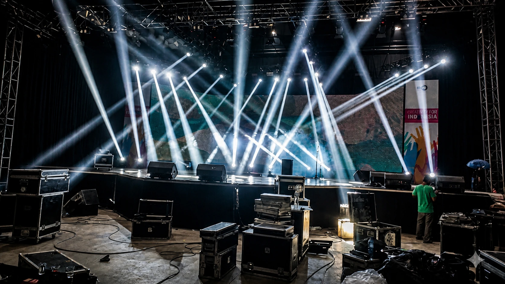 Vendor sewa sound system event terbaik di Indonesia dengan setup panggung profesional, speaker besar, lighting show, dan perlengkapan audio lengkap untuk acara sukses.