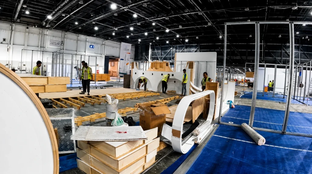 Booth pameran modern Jakarta dengan desain elegan untuk meningkatkan citra brand dan engagement pengunjung.