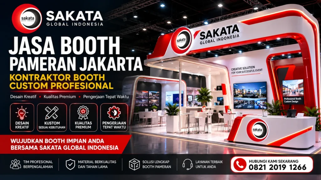 Jasa booth pameran Jakarta profesional dengan desain booth custom modern oleh Sakata Global Indonesia, kontraktor booth pameran untuk event perusahaan, exhibition, dan promosi brand
