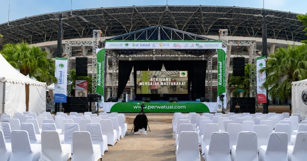 Equipment & Event Support Indonesia meliputi sound system, lighting, LED screen, videotron, stage, rigging, genset, AC portable, furniture event, booth exhibition, manpower, show management, dan technical support oleh Sakata Global Indonesia.