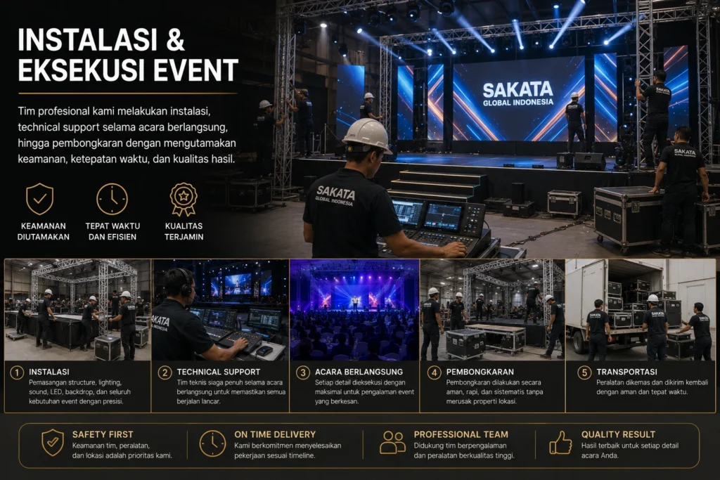Tim Sakata Global Indonesia melakukan instalasi panggung, LED screen, lighting, sound system, backdrop, serta technical support selama pelaksanaan event hingga proses pembongkaran.