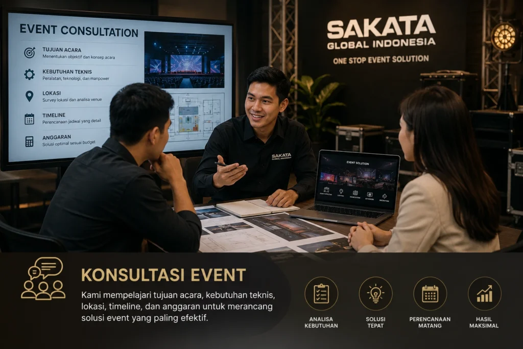 Tim Sakata Global Indonesia melakukan konsultasi event untuk membahas tujuan acara, kebutuhan teknis, lokasi, timeline, dan anggaran sebelum proses produksi event dimulai.