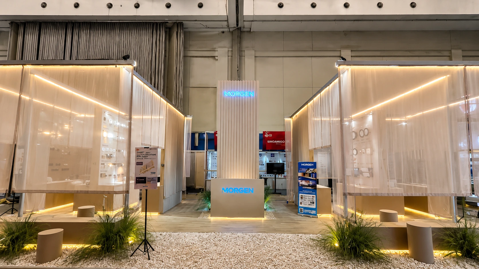 Production and fabrication custom exhibition booth MORGEN di IndoBuildTech Expo 2026 oleh Sakata Global Indonesia.
