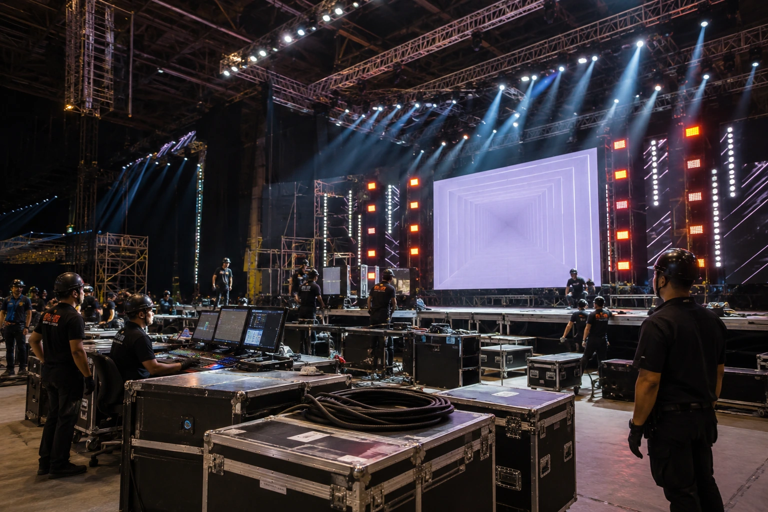 Tim produksi event profesional mengelola stage, LED screen, lighting, rigging, dan peralatan event terintegrasi